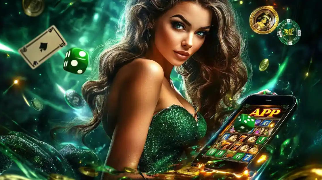 An enchanting woman surrounded by cards, dice, and coins, alongside a smartphone featuring the bgd22 gaming app.