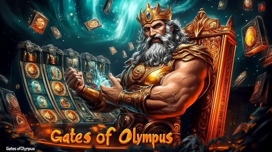 A majestic Zeus figure on a golden throne, surrounded by floating cards and a bgd22 slot machine, with Gates of Olympus prominently displayed, inviting players to a mythical gaming experience.