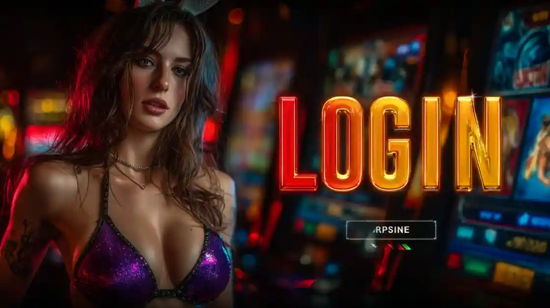 A captivating woman stands beside a LOGIN interface, with bgd22 slot machines softly blurred in the background, inviting users to enter the world of bgd22.
