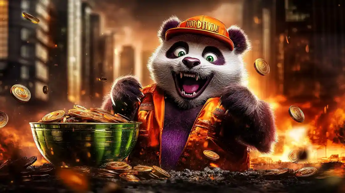 A cheerful panda character surrounded by golden coins, symbolizing wealth and good fortune with bgd22.