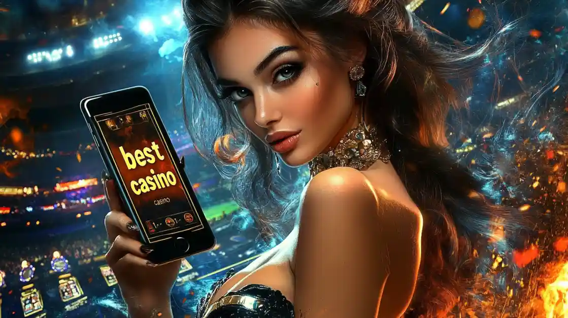 A woman holding a phone showcasing the bgd22 casino app in a vibrant stadium-like setting.