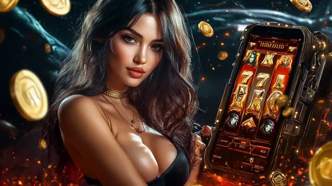 A confident woman holds a smartphone displaying a bgd22 mobile slot game with 777 symbols and golden coins.